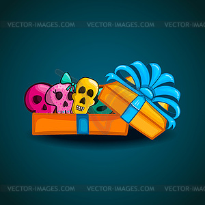 Open gift box with different skulls - vector clip art