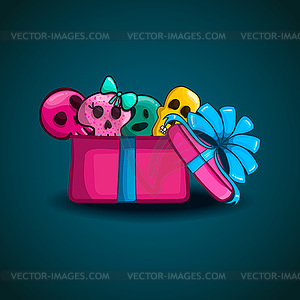 Open gift box with cartoon skull - vector clipart