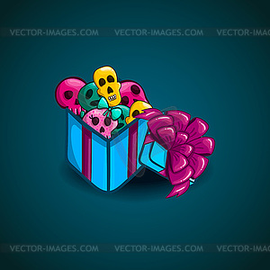 Open gift box with different skulls - vector image