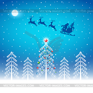 Santa Claus and gifts in sleigh with reindeers - vector clipart