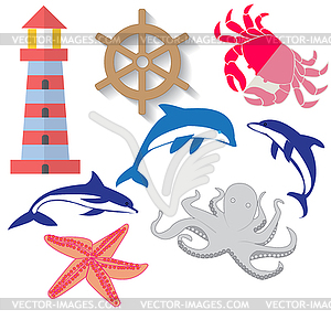 Set of linear icons on marine - vector image