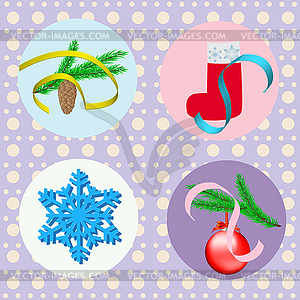 Set of holiday - spruce branch with cone, boots - vector EPS clipart