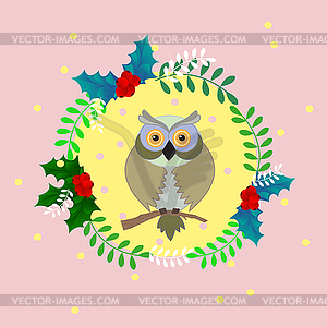 Greeting card with wreath of leaves and flowers, wi - vector image