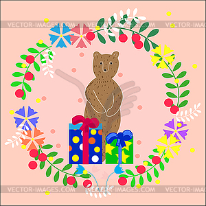 Greeting card with wreath of leaves and flowers, wi - vector image