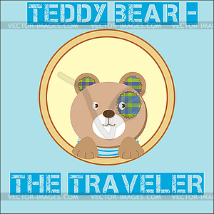 Cute brown Teddy Bear - traveler on background in fo - vector clipart