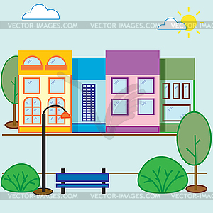 Street house . Buildings, trees, bushes - vector image