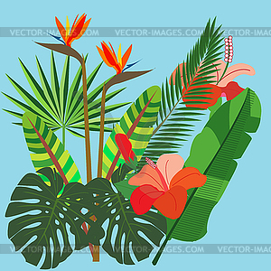 Vivid bunch of different tropical flowers and - vector image