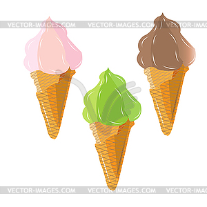 Three waffle cone with chocolate ice cream, berry - vector clip art