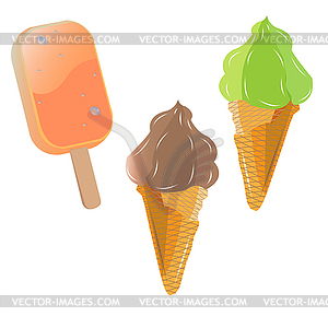 Caramel ice cream on stick, two waffle cone with - vector image