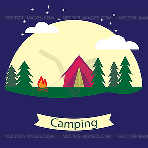 Poster on theme of camping with tent, bonfire aga - vector image