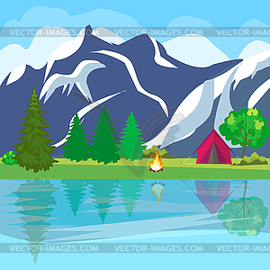 Summer landscape with forest, mountains and lake - vector image