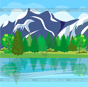 Summer landscape with forest, mountains and lake - vector image