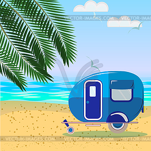 Summer sea landscape with palm leaves, beach, - vector image