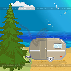 Лето море пейзаж с огромным елки, - изображение в векторе / векторный клипарт