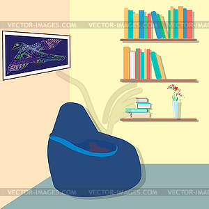 Interior of living area with bookshelves and bag - royalty-free vector image