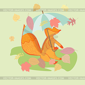 Autumn, card, Fox with umbrella, autumn leaves - vector image