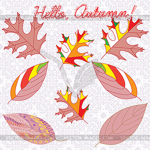 Autumn leaves with colorful ornaments and - vector clip art