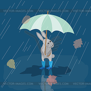 Card Bunny in rubber boots in rain with umbrella, - vector clipart