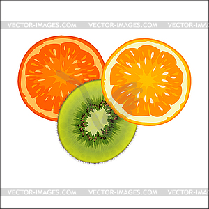 Slices of red and orange ripe orange and kiwi - vector image