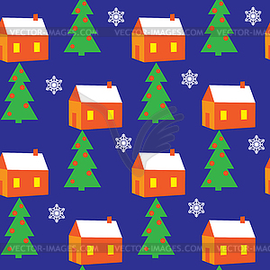 Christmas pattern - Christmas trees, houses, - vector image