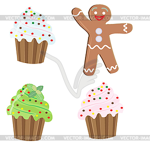 Christmas icons , three cupcakes and gingerbread man - vector image