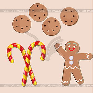 Christmas icons set, biscuits, gingerbread man and - vector clipart