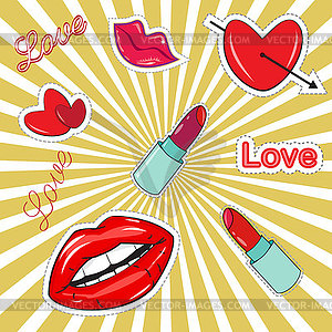 Fashion stickers . set of lips and heart . Set of - vector clipart