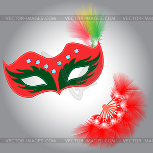 Mask and fan made of fluffy feathers for carnival o - vector image