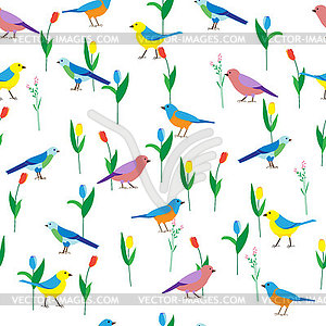 Seamless pattern with birds and flowers - vector clip art