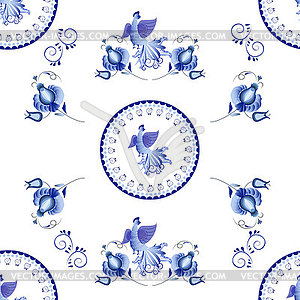 Symmetrical blue floral ornament in Gzhel style on - vector clipart