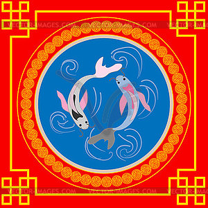 Greeting card with symbols of China, two fish - vector image