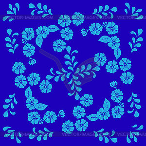 Blue flowers and leaves ornament in vintage style. - vector image