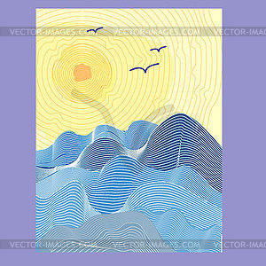 Open sea with waves and dim sun in sky, illus - vector clipart