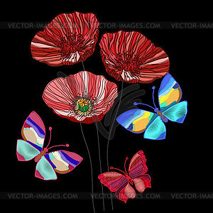 Embroidered poppy flowers and colorful butterflies - vector clipart