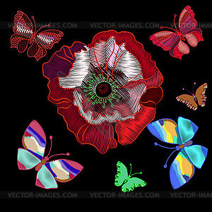 Embroidered poppy flowers and colorful butterflies - vector clip art