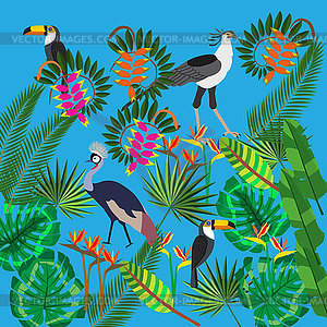 Tropical sheets, exotic flowers, African birds, - vector clipart
