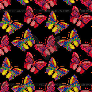 Seamless pattern of colorful embroidered butterflies - vector image