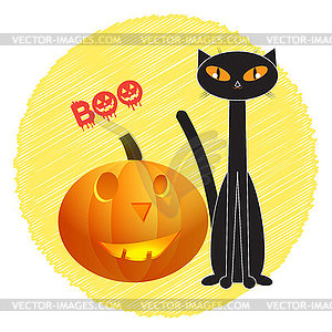 Halloween black cat with pumpkin, - stock vector clipart
