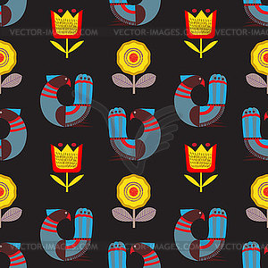 Seamless pattern with fantasy birds and flowers - vector clipart