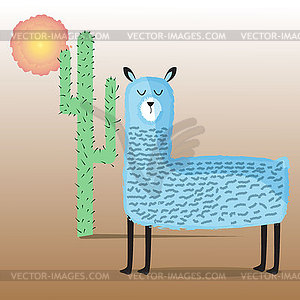 Cute blue Alpaca or blue Lama, big cactus and dim - vector image