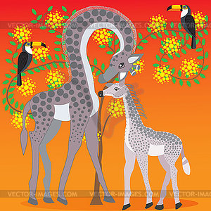 Giraffe-mom and baby giraffe next to acacia tree - vector clipart