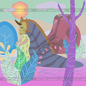 Fantastic landscape with fantastic prehistoric - vector clipart