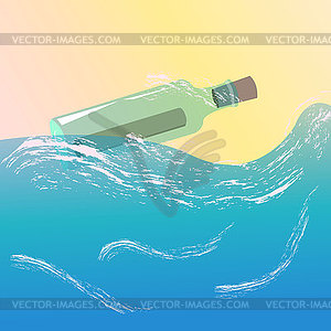 Glass bottle floating in ocean with message - vector clip art