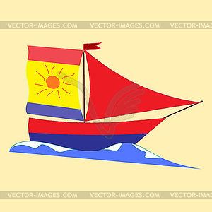 Summer sea landscape. Ship with scarlet sails, - vector clipart