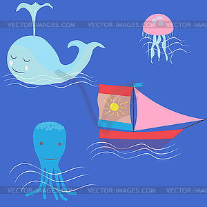 Doodle набор морских объектов, кит, осьминог, - изображение в векторе