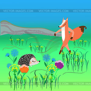 Themenkarte Mit Fuchs Und Igel Auf Blumenwiese Stock Vektor Clipart