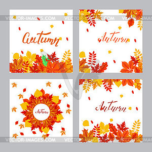 Four square banners with autumn and lettering, ill - vector image