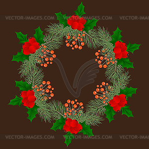 Christmas wreath with fir tree Wreath with berries - vector image