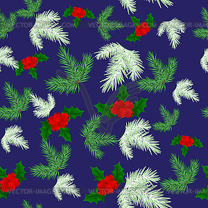 Holly leaves with red berries, Seamless Christmas - vector image