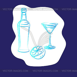 Wine bottle, glass, lemon-cocktail set linear sketch - vector clipart